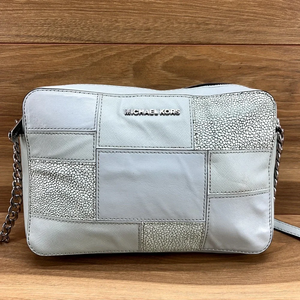 Michael‎ Kors Patchwork Crossbody Zip Chain Robin Egg Blue Saffiano